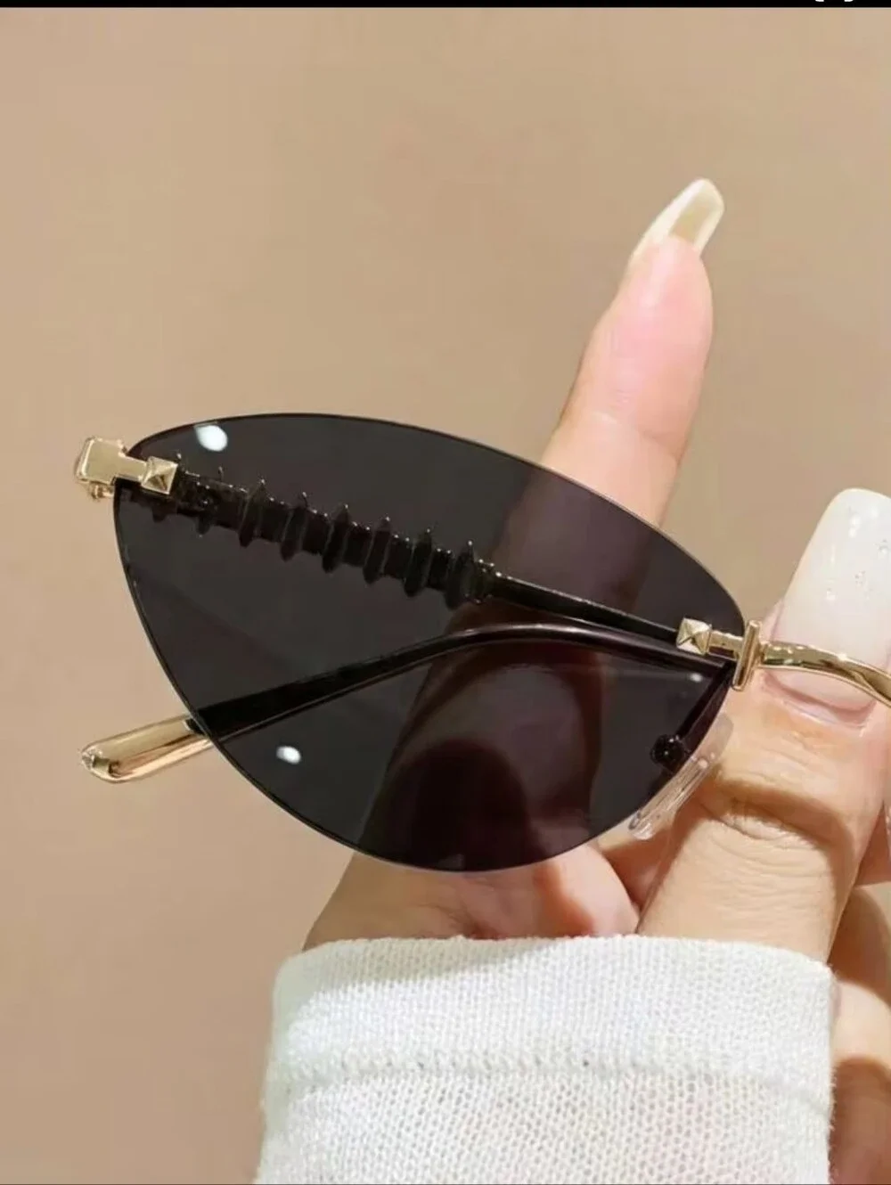 Gold-Trim Black Lens Rimless Cat Eye Sunglasses